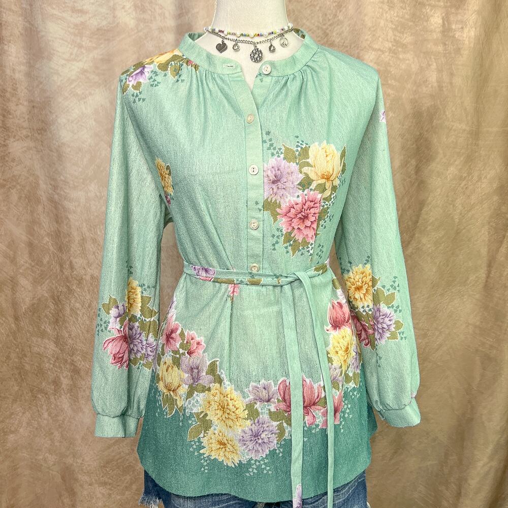 Vintage 60s Pastel Tunic Blouse Seafoam Green Floral Button Up Belted Cottage